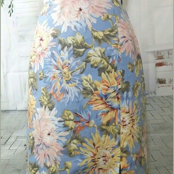 Talbots Blue Floral Linen Skirt Sz 8 - Picture 2 of 7